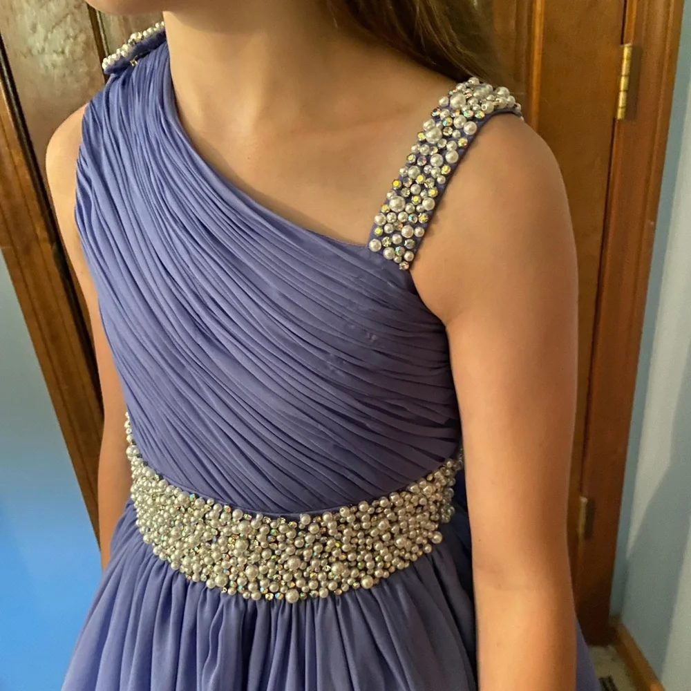 Morgan Jeff Pageant Dress in Periwinkle with Pearl and rhinestone detail - Picture 2 of 9